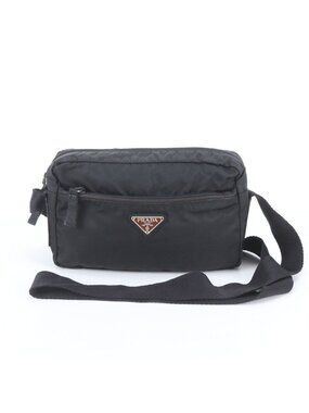 Prada Tessuto Nylon Triangle Logo Leather Shoulder Bag Crossbody Black